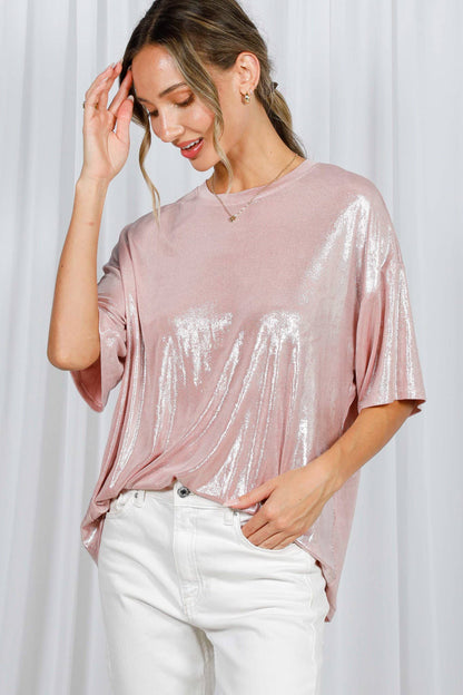 Crew Neck Metallic Foil Mardi Gras Knit Top