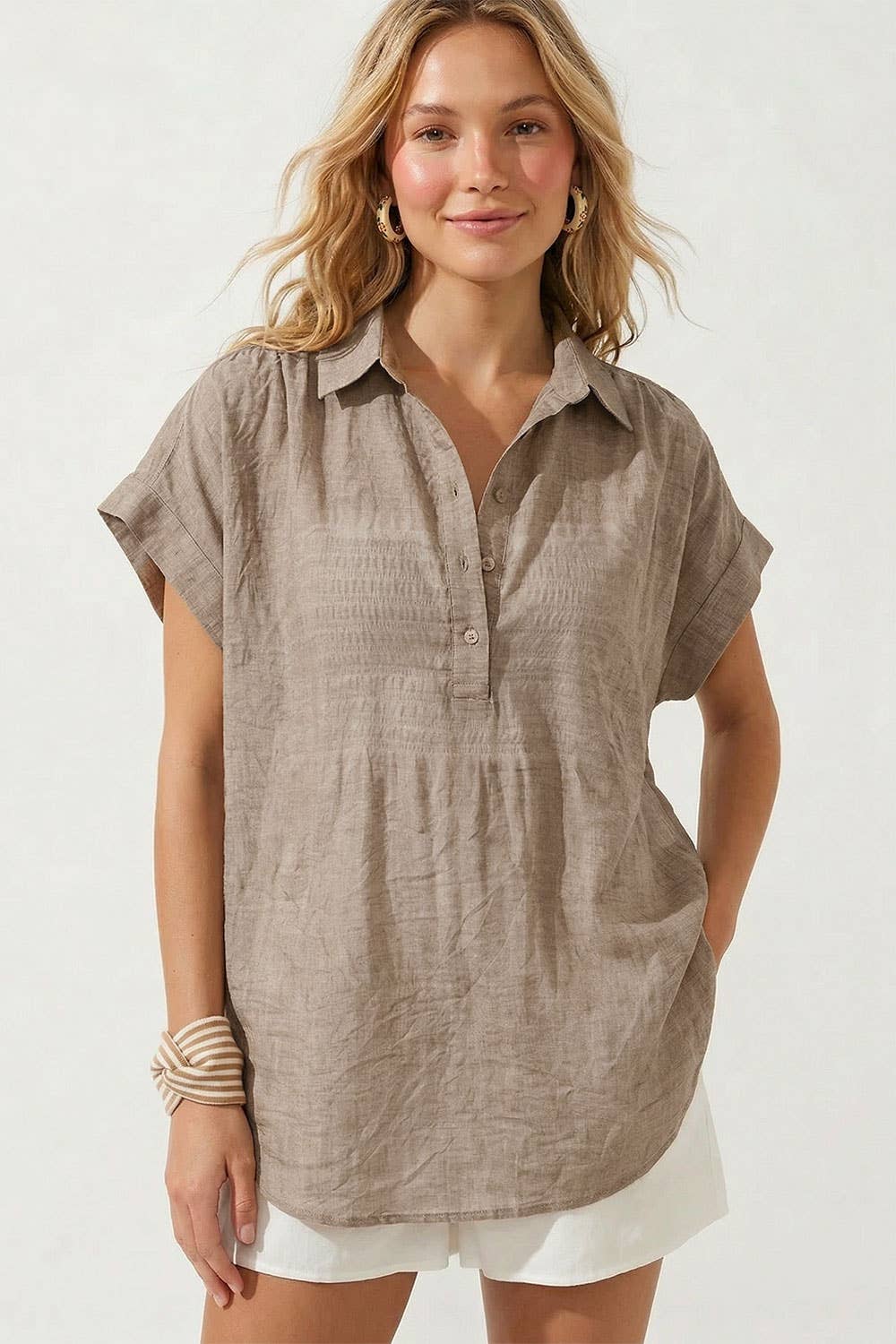 Sheer Cotton Short Sleeve Popover Blouse