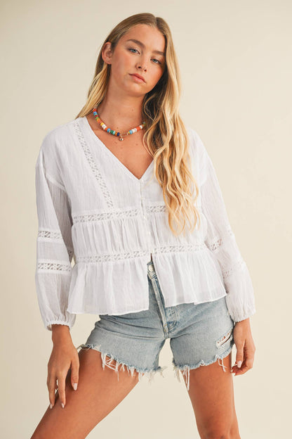 Lace Inset Gathered Peplum Blouse