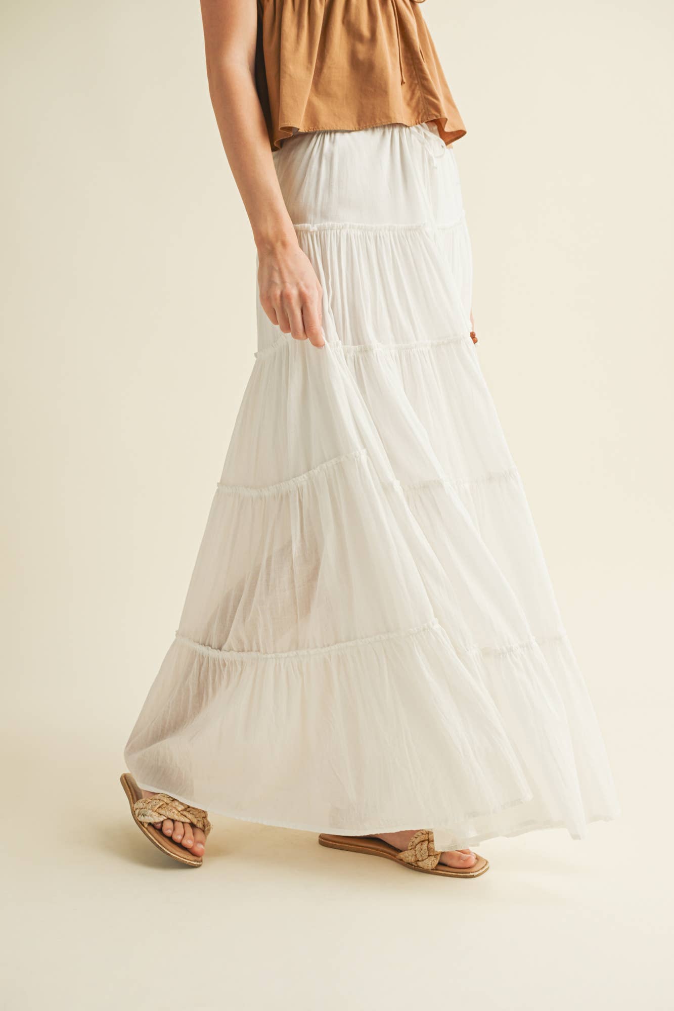 Beaded Drawstring Tiered Maxi Skirt