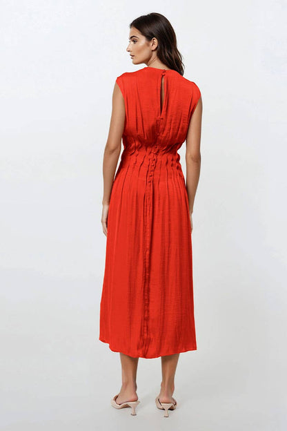 Silky Pleated Waistline Midi Dress