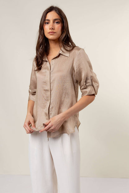 Pepper Pleated Short Sleeve Button-up Blouse