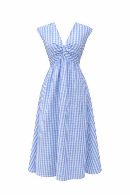 blue gingham dress with twist front