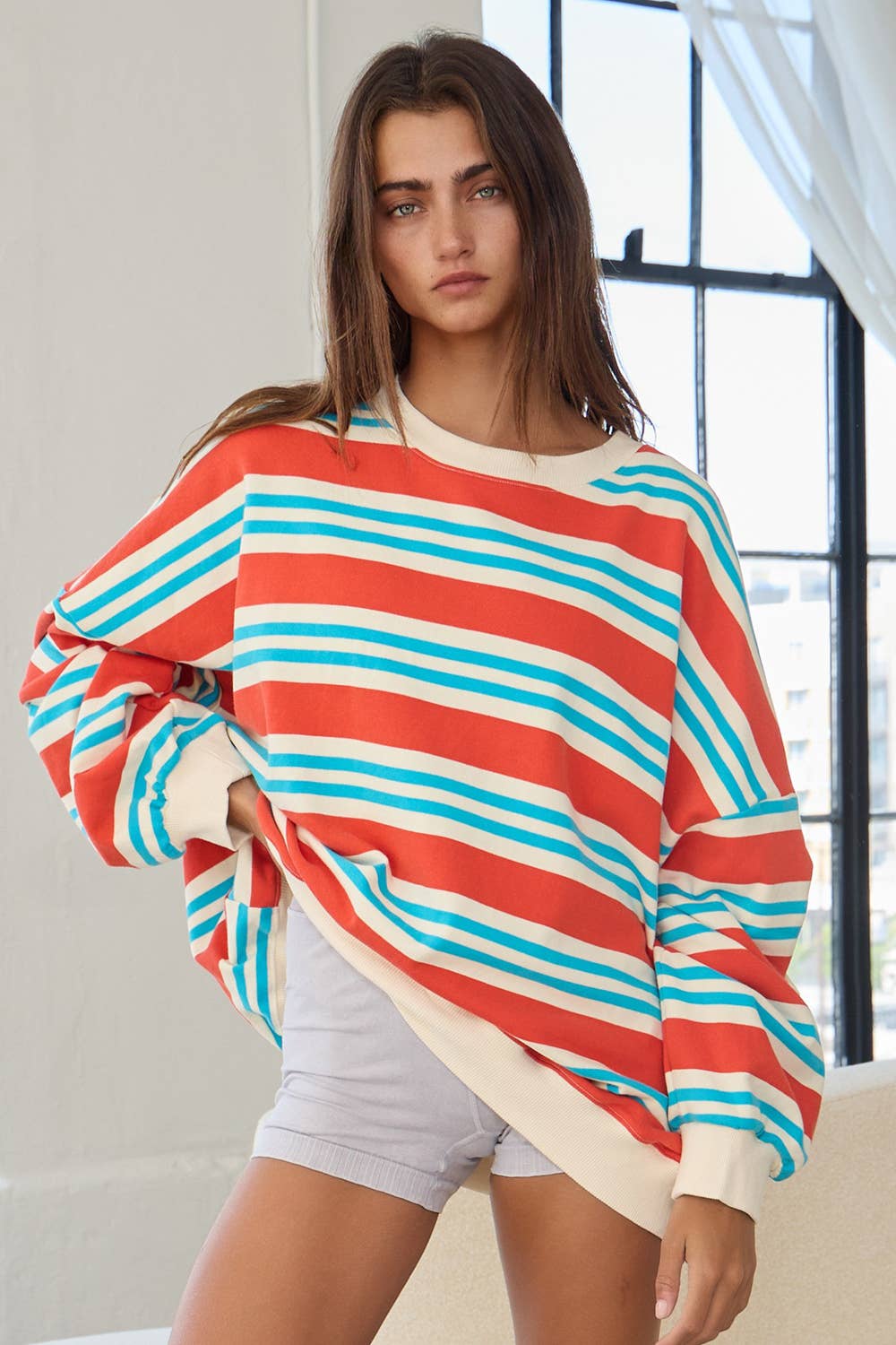 The Sarah Striped Terry Oversized Sweatshirt Top