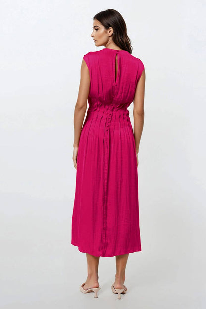 Silky Pleated Waistline Midi Dress