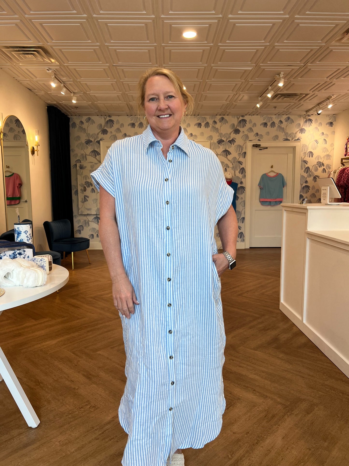 Blue Gauze Stripe Shirt Dress