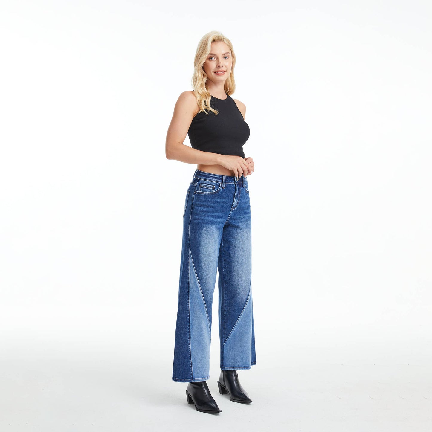 High Rise Two Tone Wide Leg Jeans