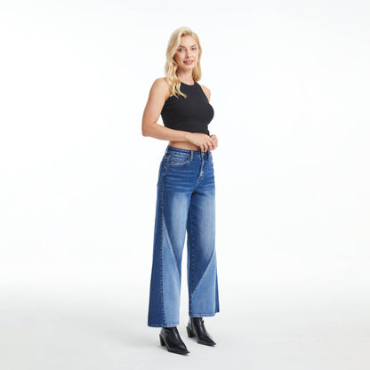 High Rise Two Tone Wide Leg Jeans