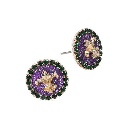 Glittered Enamel Fleur de Lis Round Stud Earrings