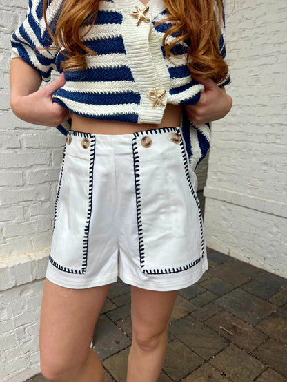 Nautical Contrast Stitch High-Waist Shorts