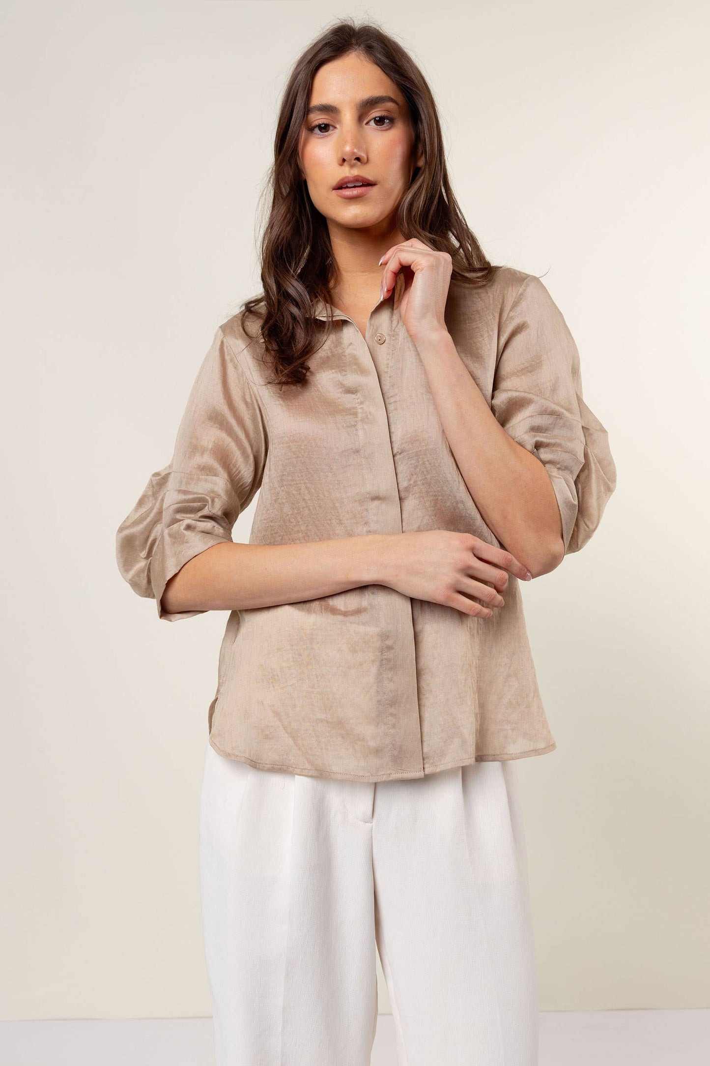 Pepper Pleated Short Sleeve Button-up Blouse