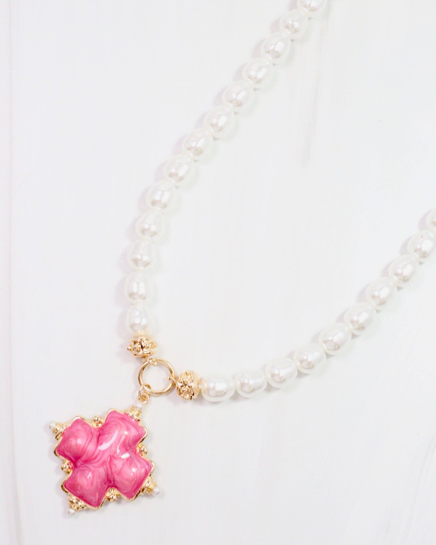 Edie Enamel Cross and Pearl Necklace Pink