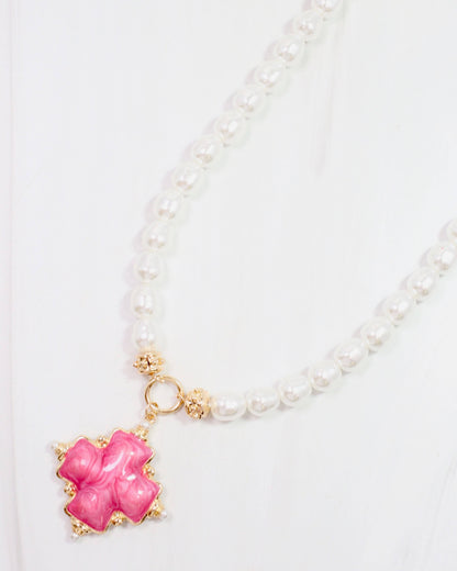Edie Enamel Cross and Pearl Necklace Pink