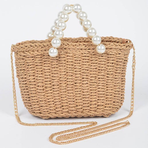 Faux Straw Bag W/Pearl Handle