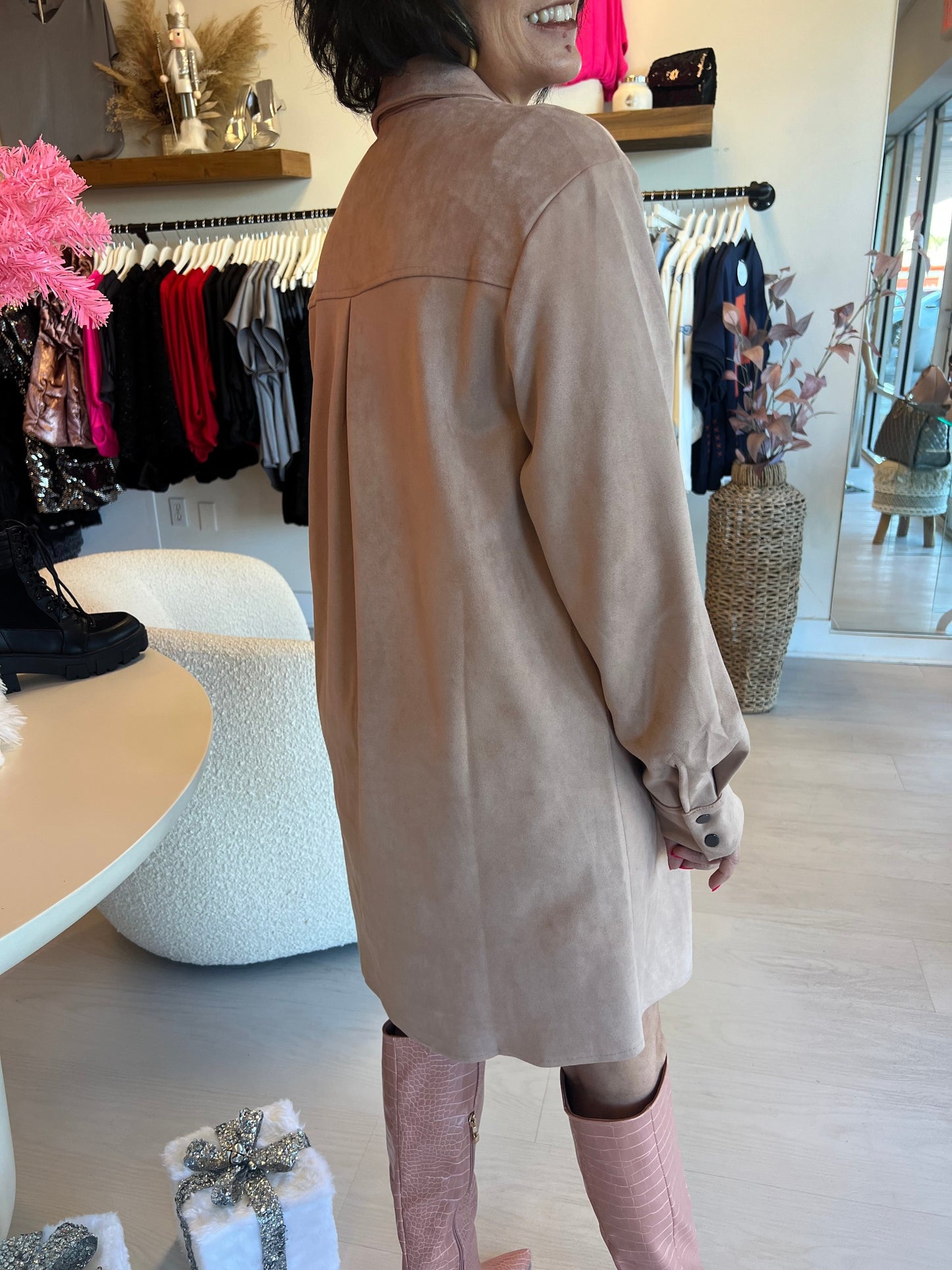Long Sleeve Mini Faux Suede Shirt Dress