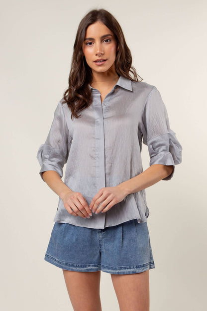 Pepper Pleated Short Sleeve Button-up Blouse