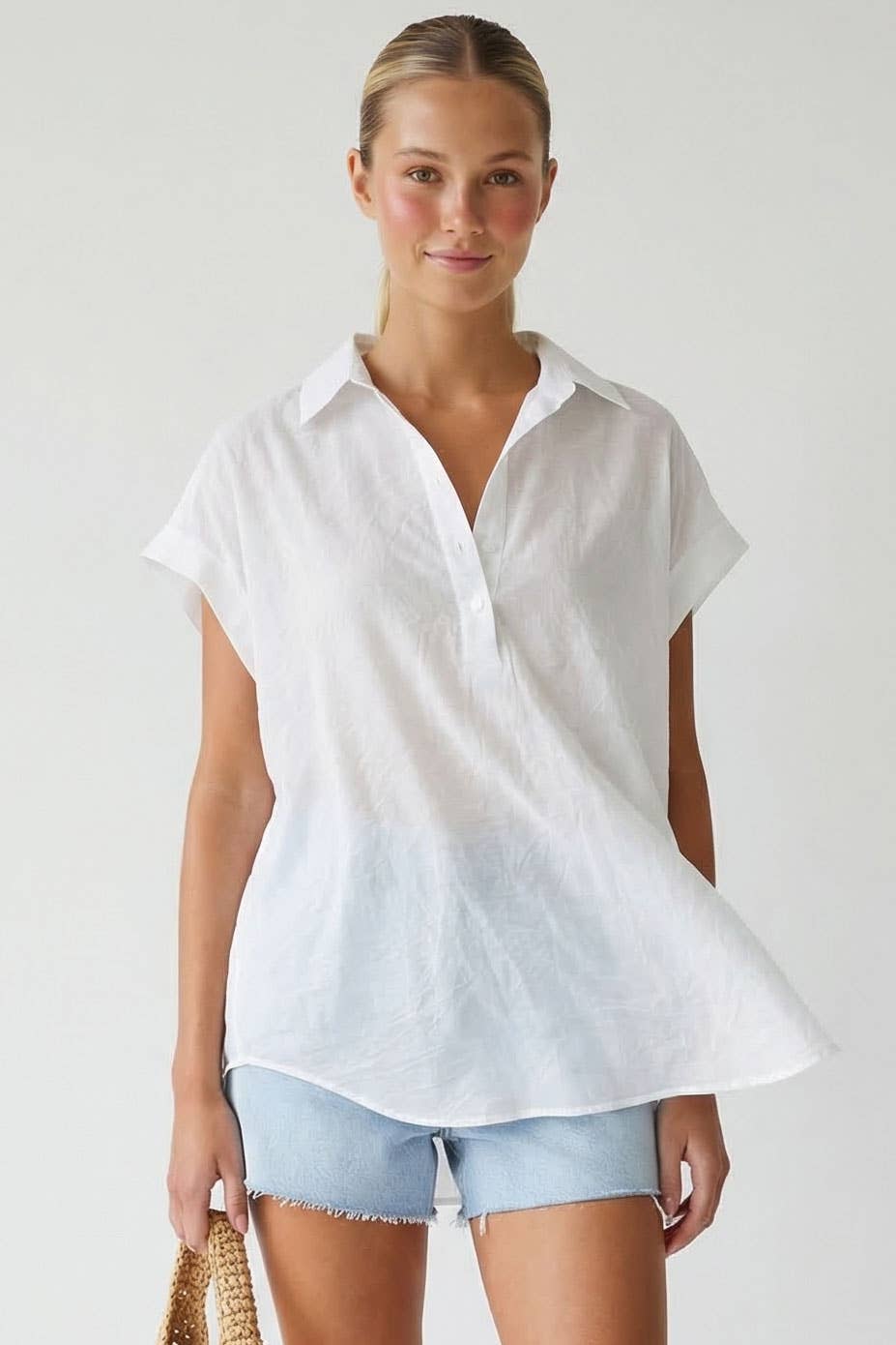 Sheer Cotton Short Sleeve Popover Blouse