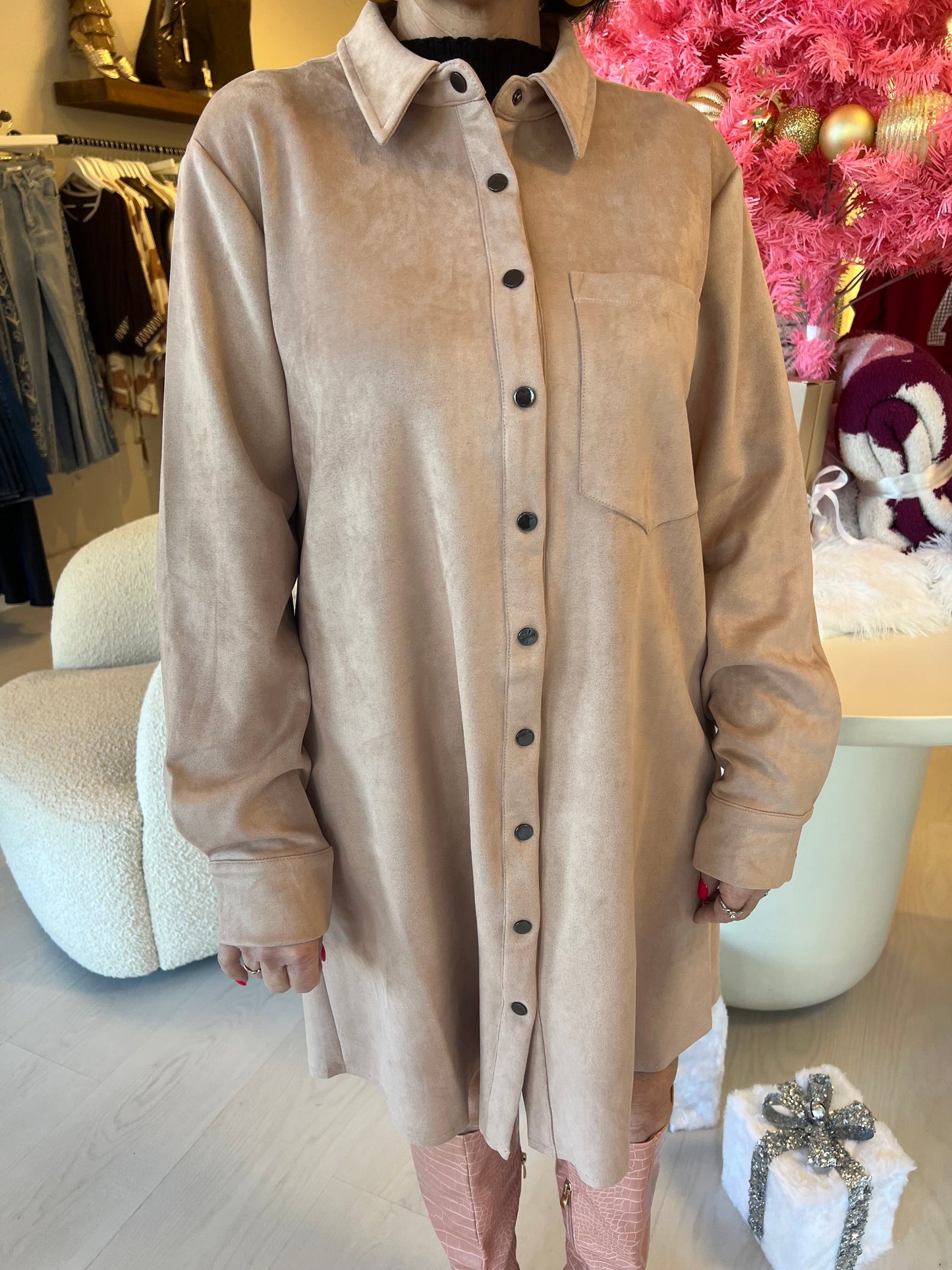 Long Sleeve Mini Faux Suede Shirt Dress