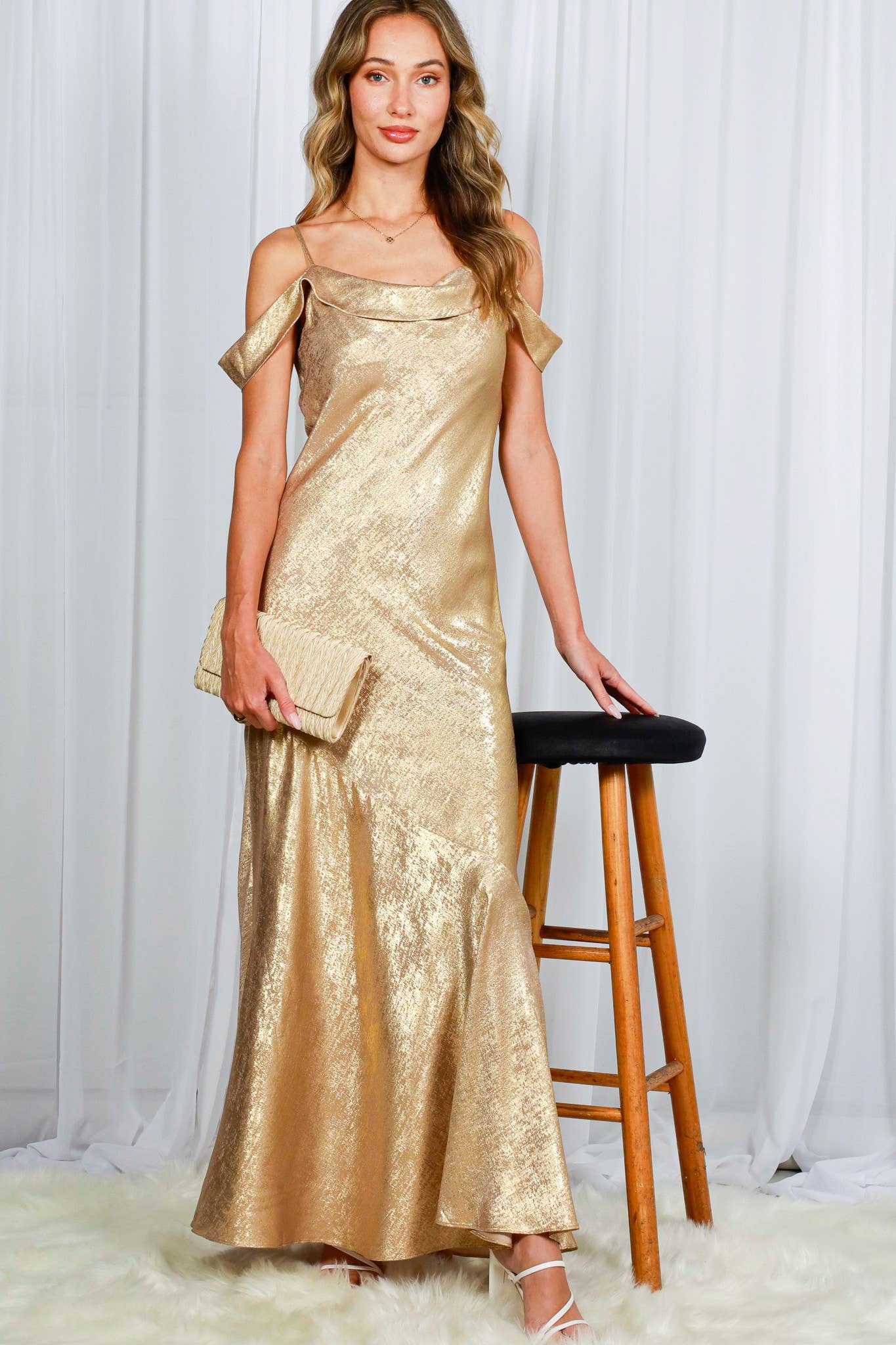 Off-The-Shoulder Strap Metallic Maxi Dress