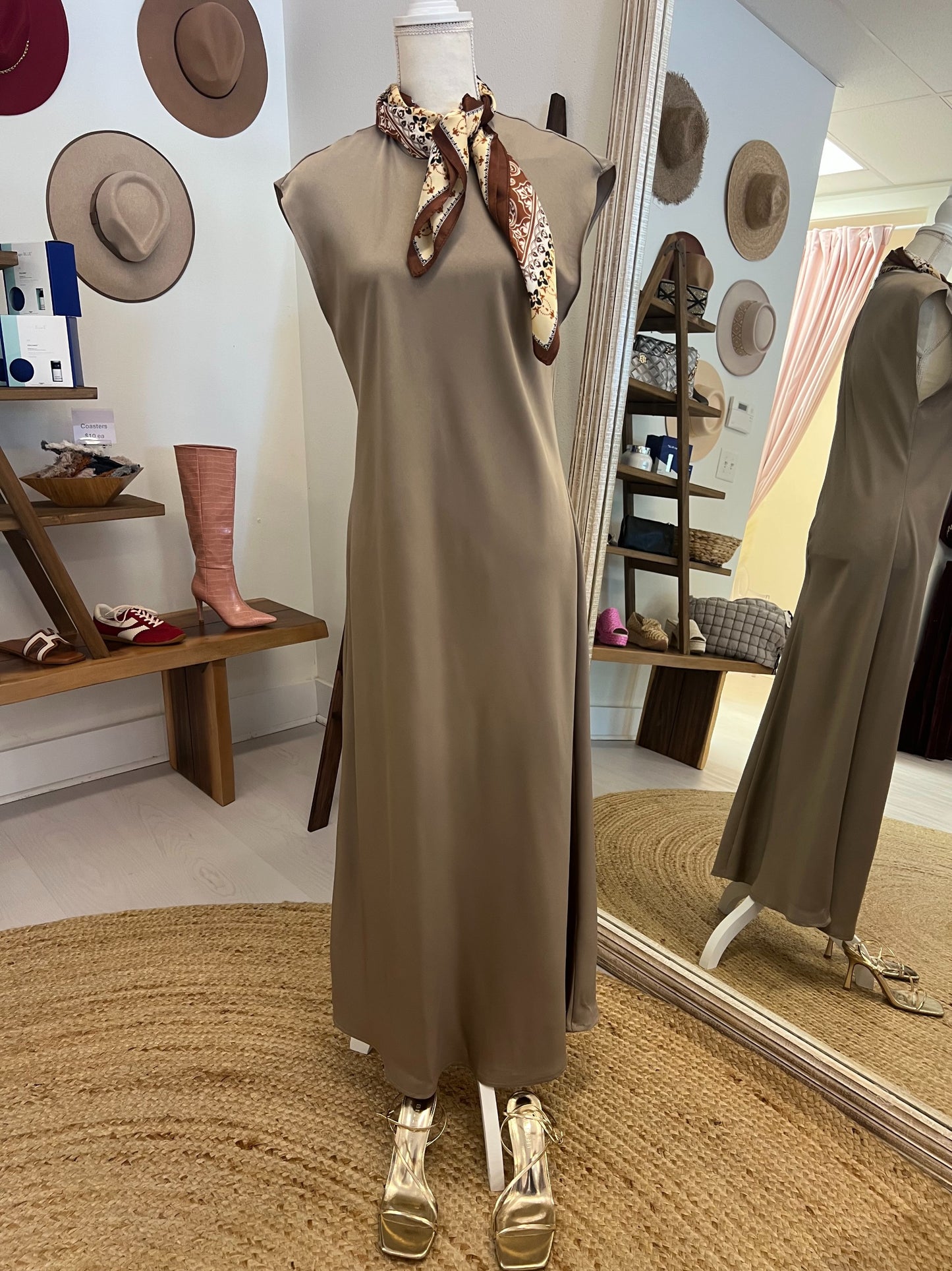 mocha satin dress with scarf