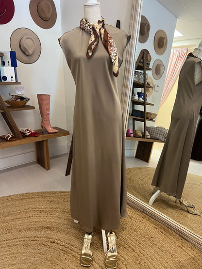mocha satin dress with scarf