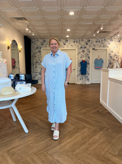 Blue Gauze Stripe Shirt Dress