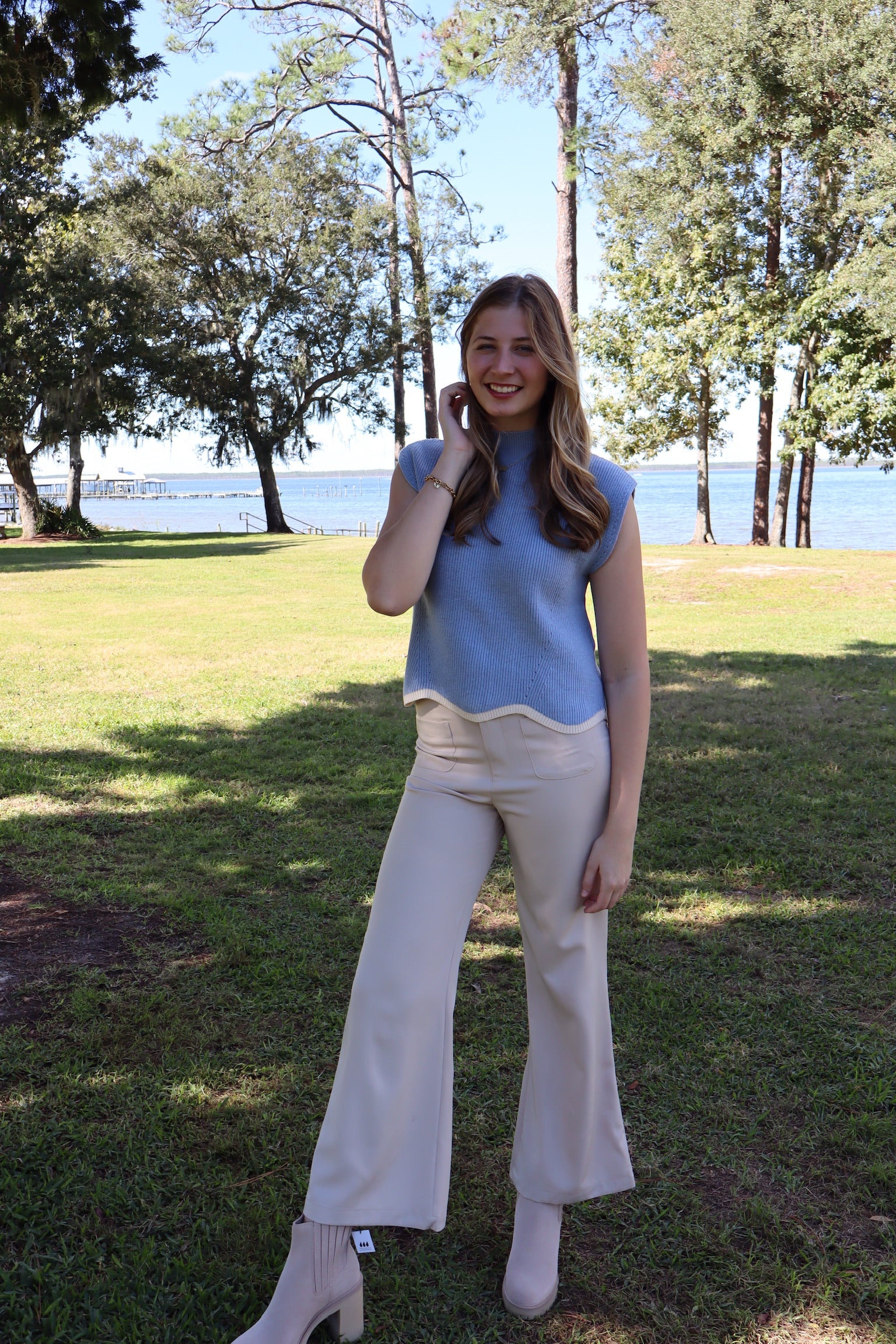 blue sweater with khaki pants