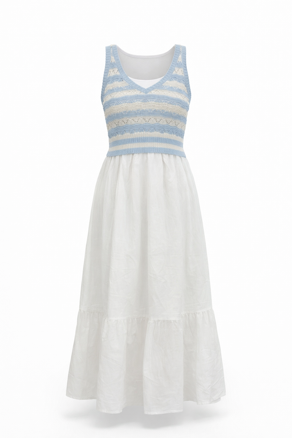 blue & white mixed material maxi dress