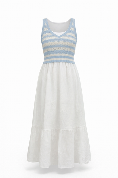 blue & white mixed material maxi dress
