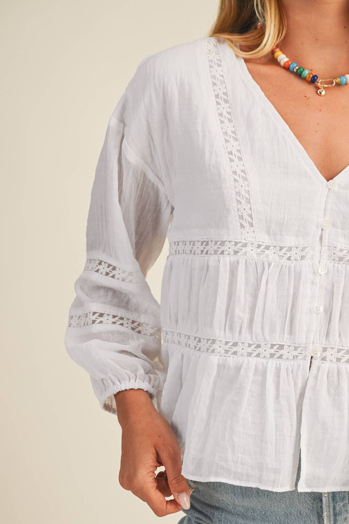 Lace Inset Gathered Peplum Blouse