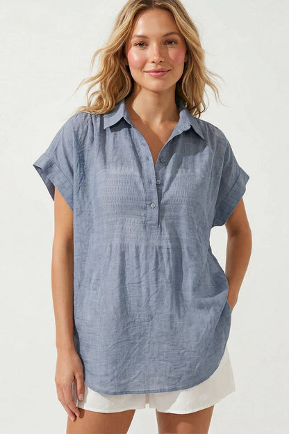Sheer Cotton Short Sleeve Popover Blouse