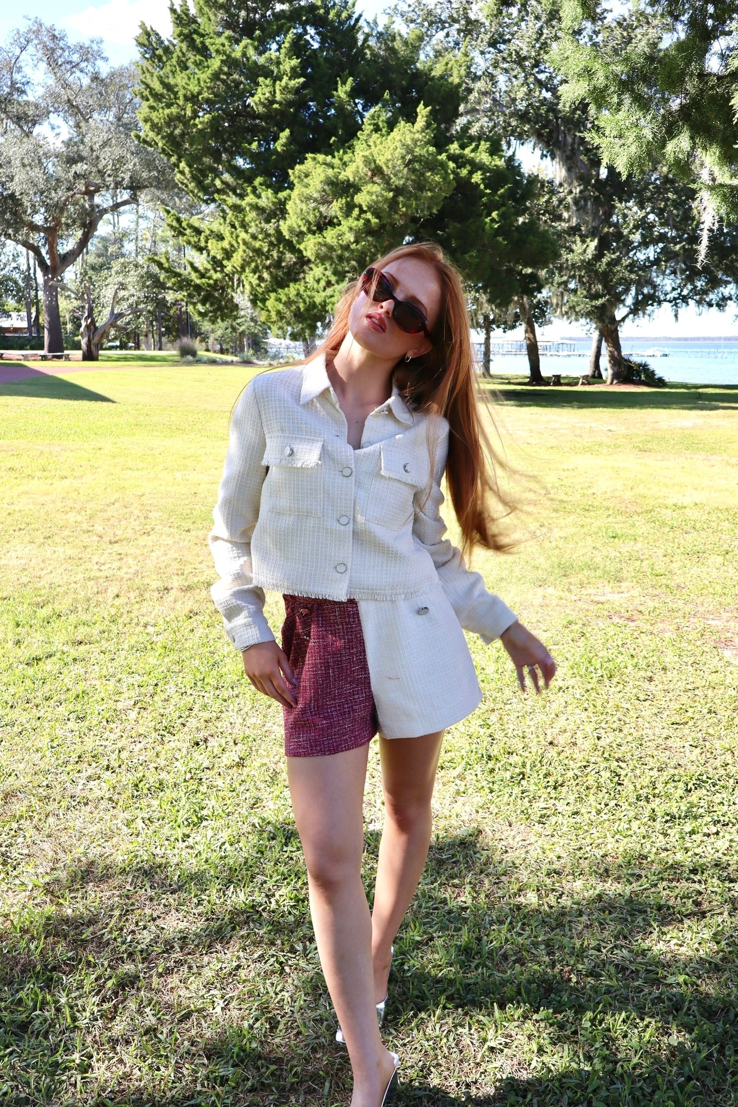 cream & maroon tweed shorts with cream tweed jacket