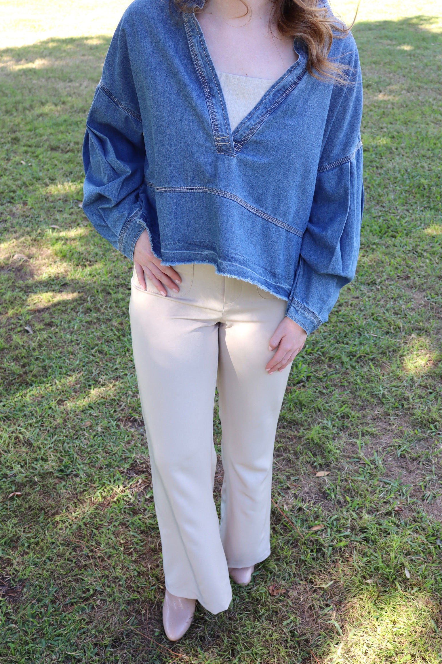denim pullover with khaki pants
