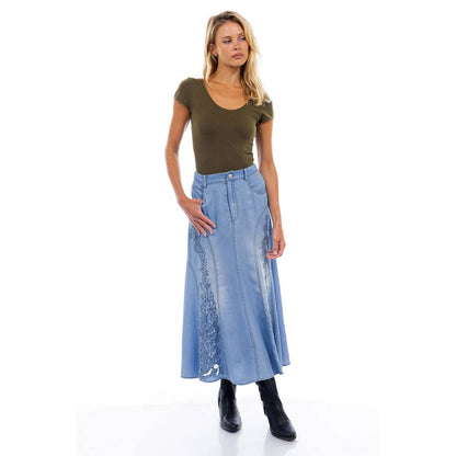 Embroidered Midi Denim Skirt