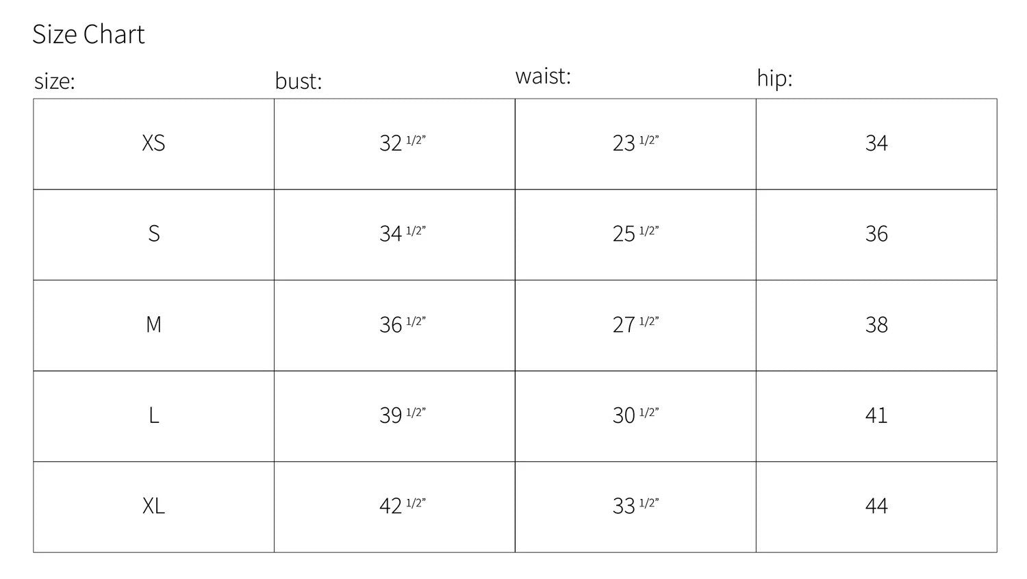 bila size chart