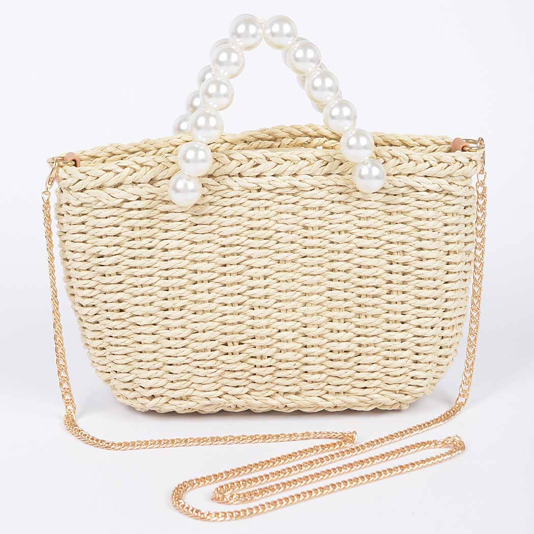 Faux Straw Bag W/Pearl Handle