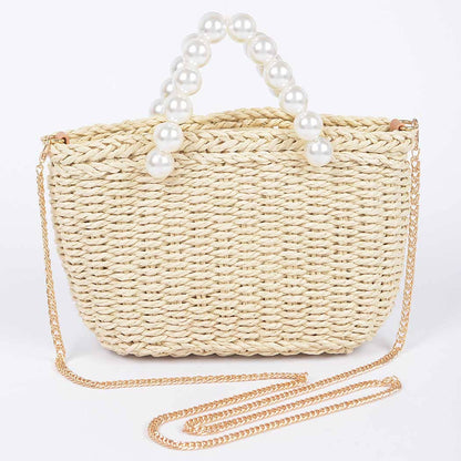 Faux Straw Bag W/Pearl Handle