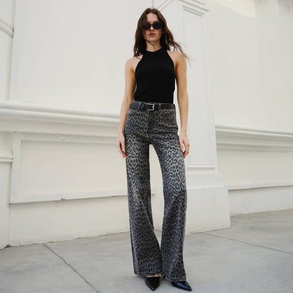 Leopard Print Wide Leg Denim