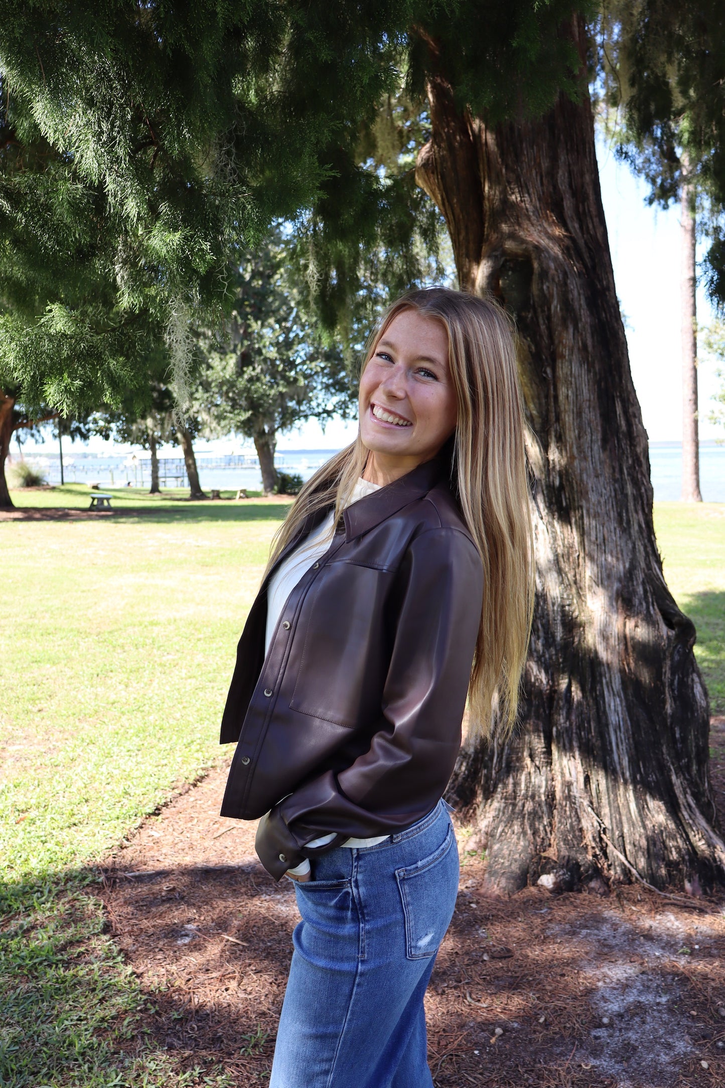 brown faux leather bomber jacket