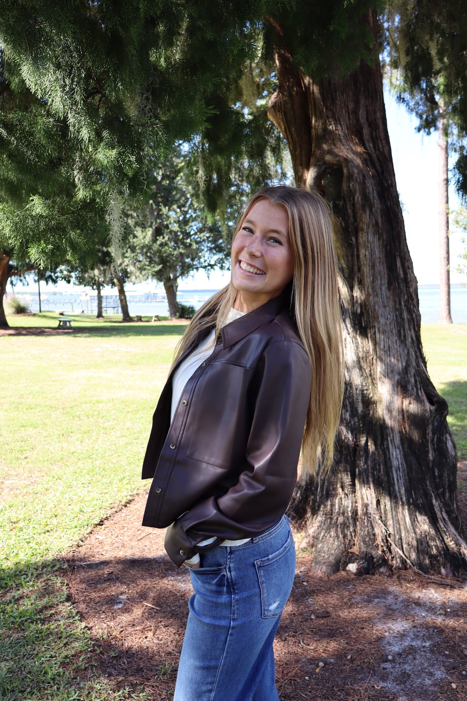 brown faux leather bomber jacket