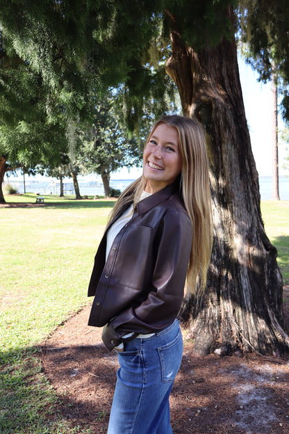 brown faux leather bomber jacket