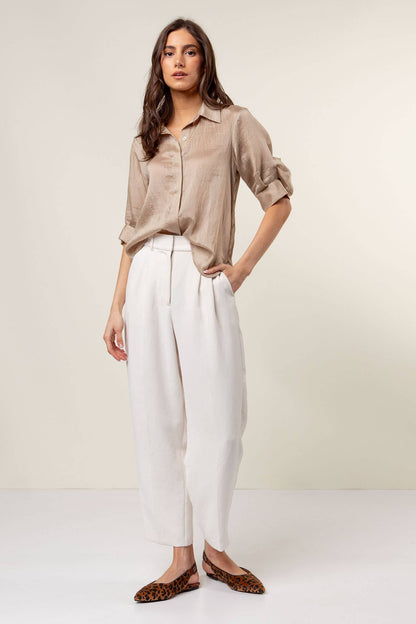 Pepper Pleated Short Sleeve Button-up Blouse