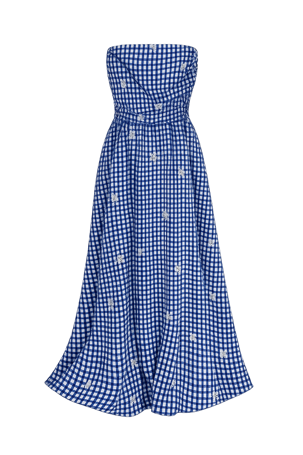 blue gingham strapless dress