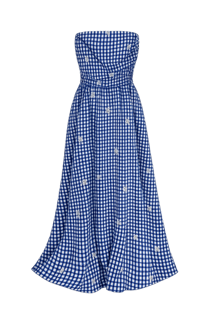 blue gingham strapless dress