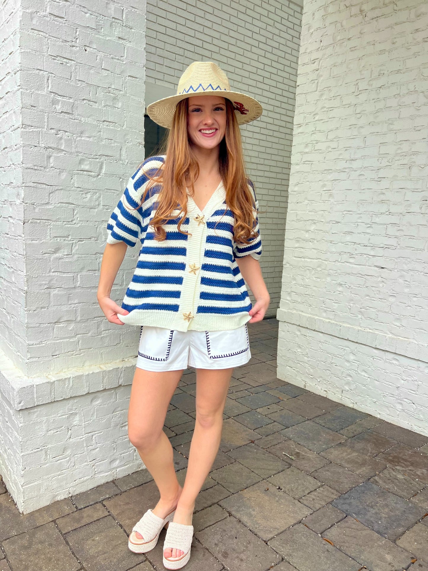 Nautical Contrast Stitch High-Waist Shorts