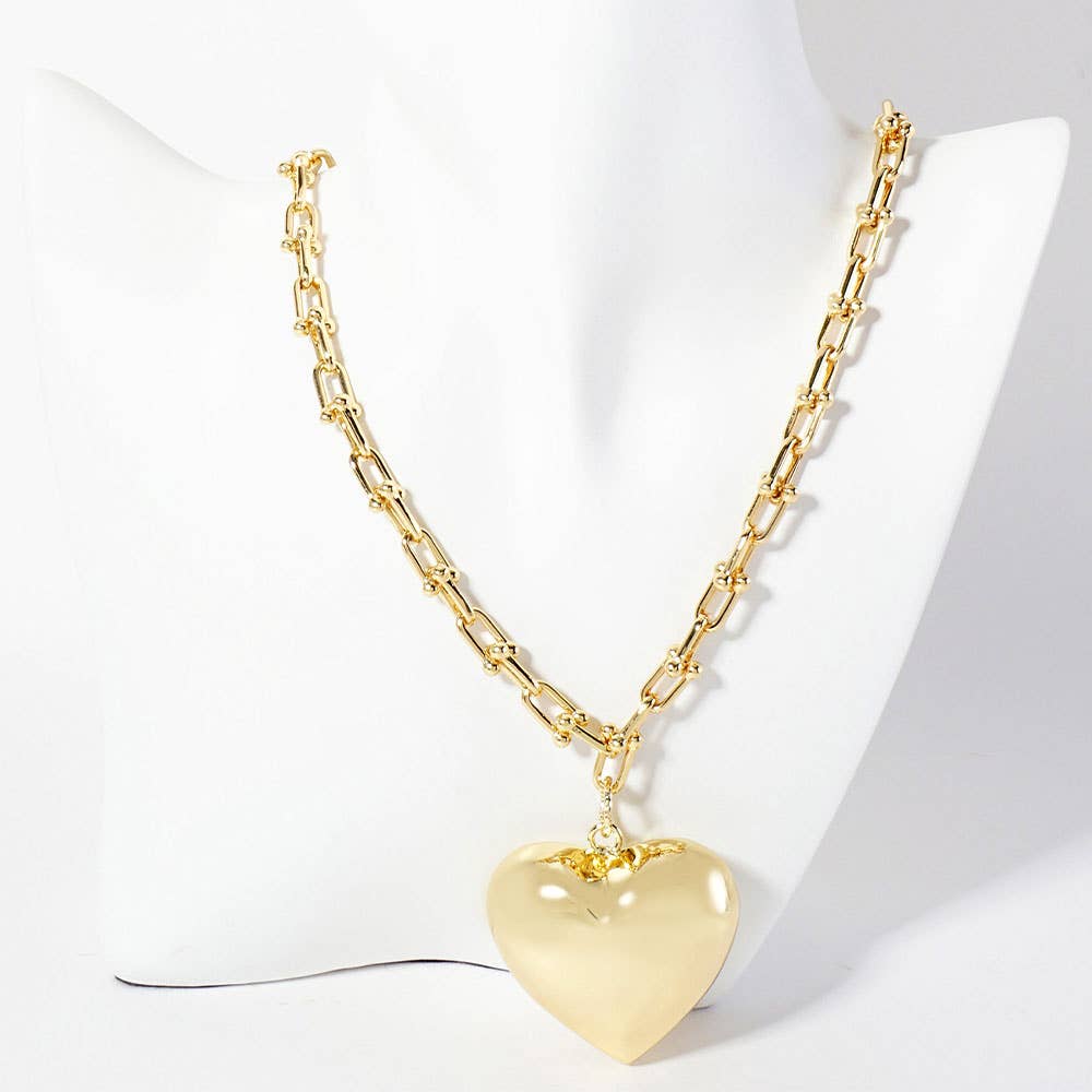 Gold Dipped Bold Puffy Heart Pendant Industrial Chain Necklace