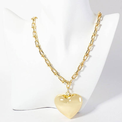 Gold Dipped Bold Puffy Heart Pendant Industrial Chain Necklace