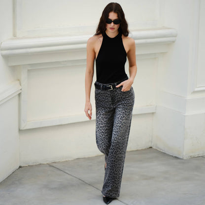 Leopard Print Wide Leg Denim
