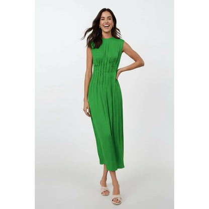 Silky Pleated Waistline Midi Dress