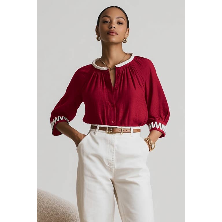 Abstract Applique Popover Blouse